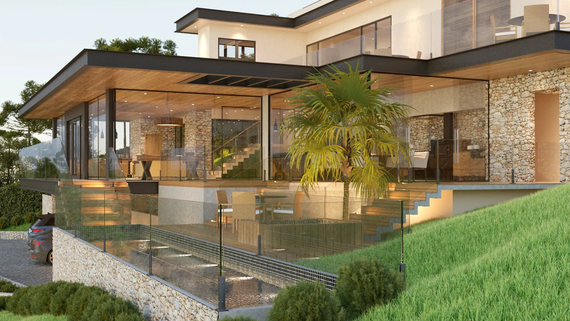 Casa moderna com varanda de vidro sobre o jardim em declive, imagem de projeto